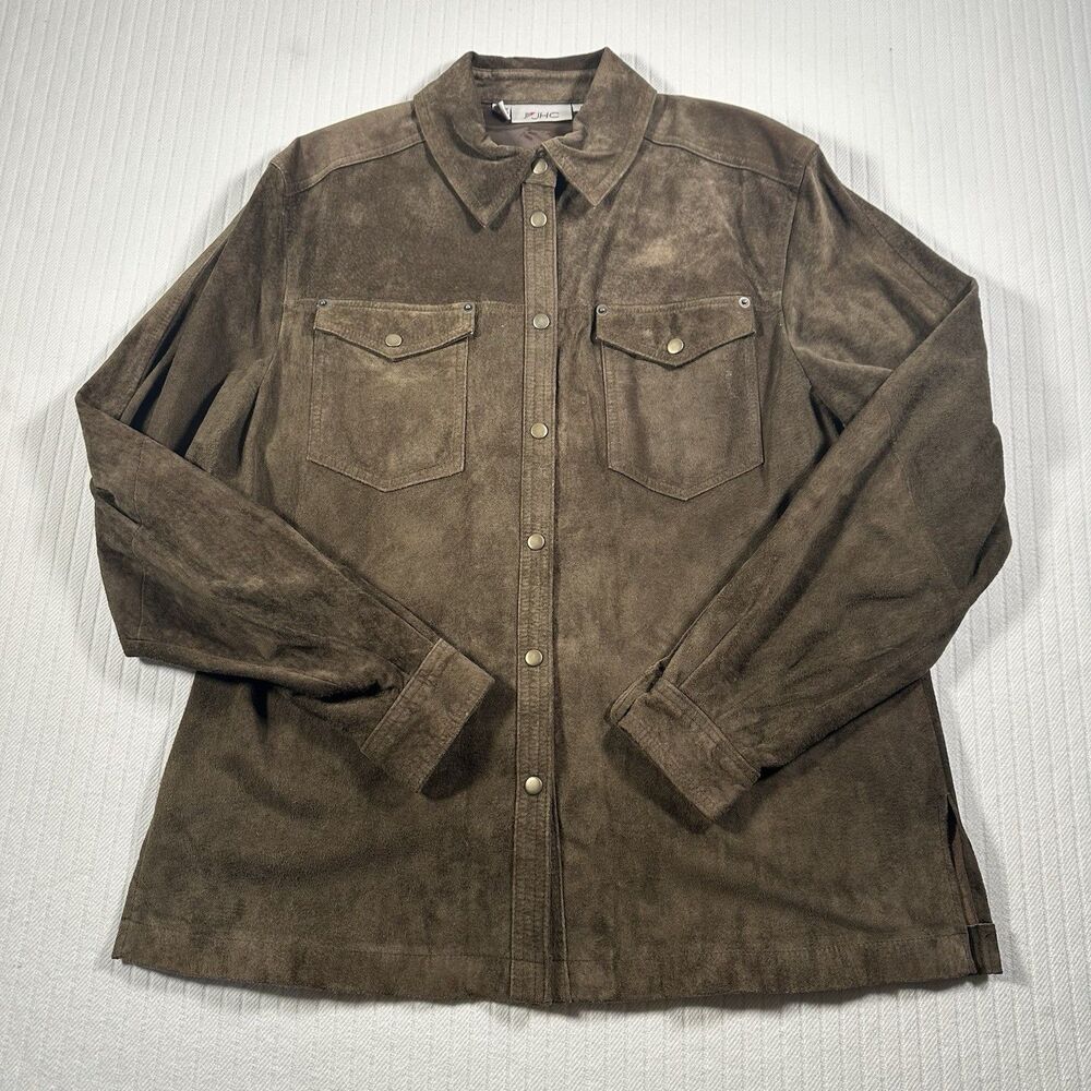 JHC Men's Large Brown Suede Snap Button Shirt Jacket Western Style Long Sleeve